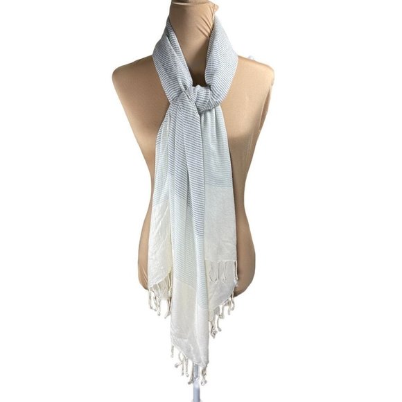 Gray Cream Striped Women's Neck Scarf Tassels 30" X 72" - Picture 1 of 5